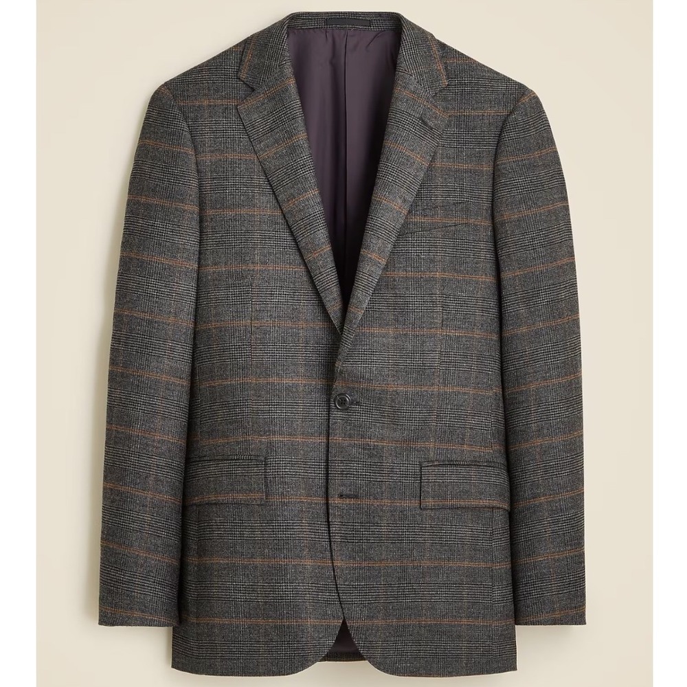 J.Crew Ludlow Loro Piana Favola Move Wool Cashmere Plaid Blazer 44L Grey Orange‎